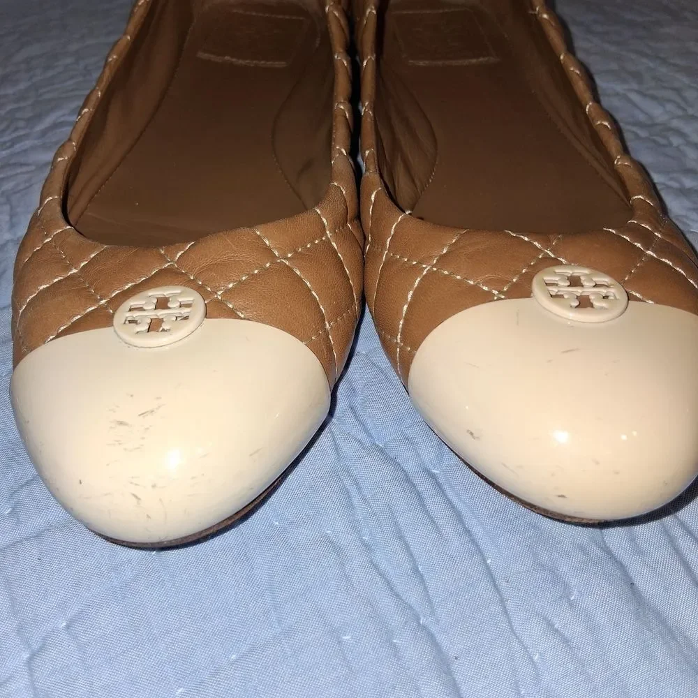 Tory Burch Brown and Cream Quilted Flats 8.5M